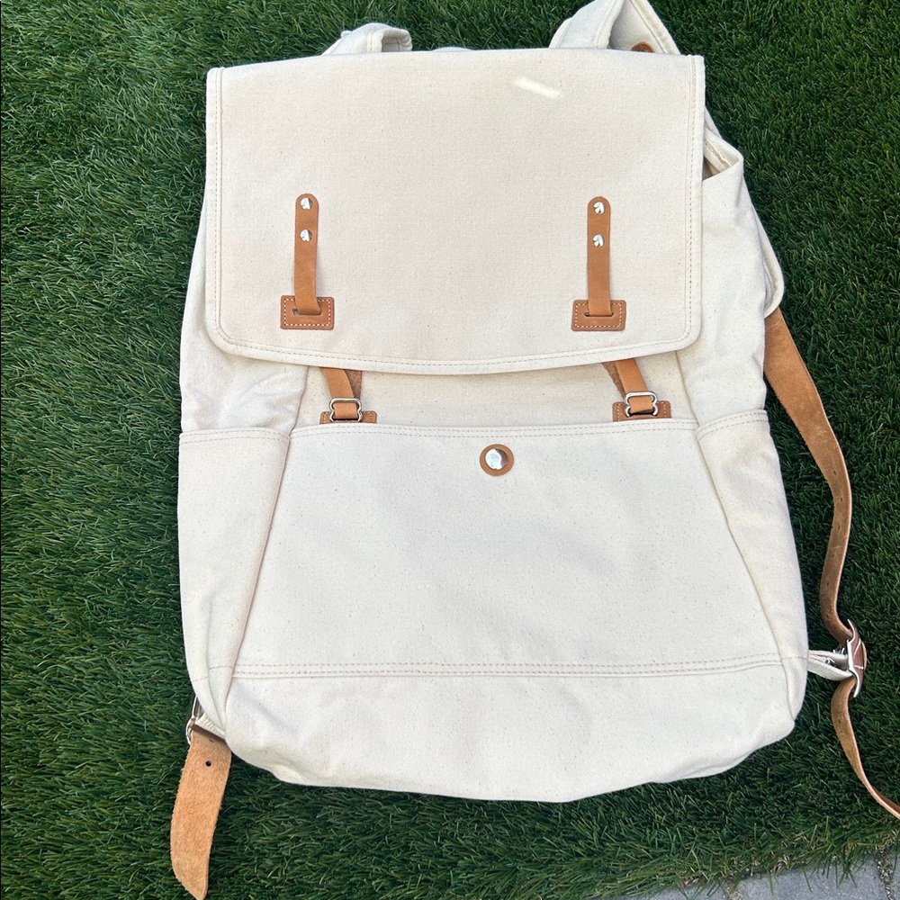 Makr Carry Goods Backpack Canvaas Cream Brown Leather New Initials View 4